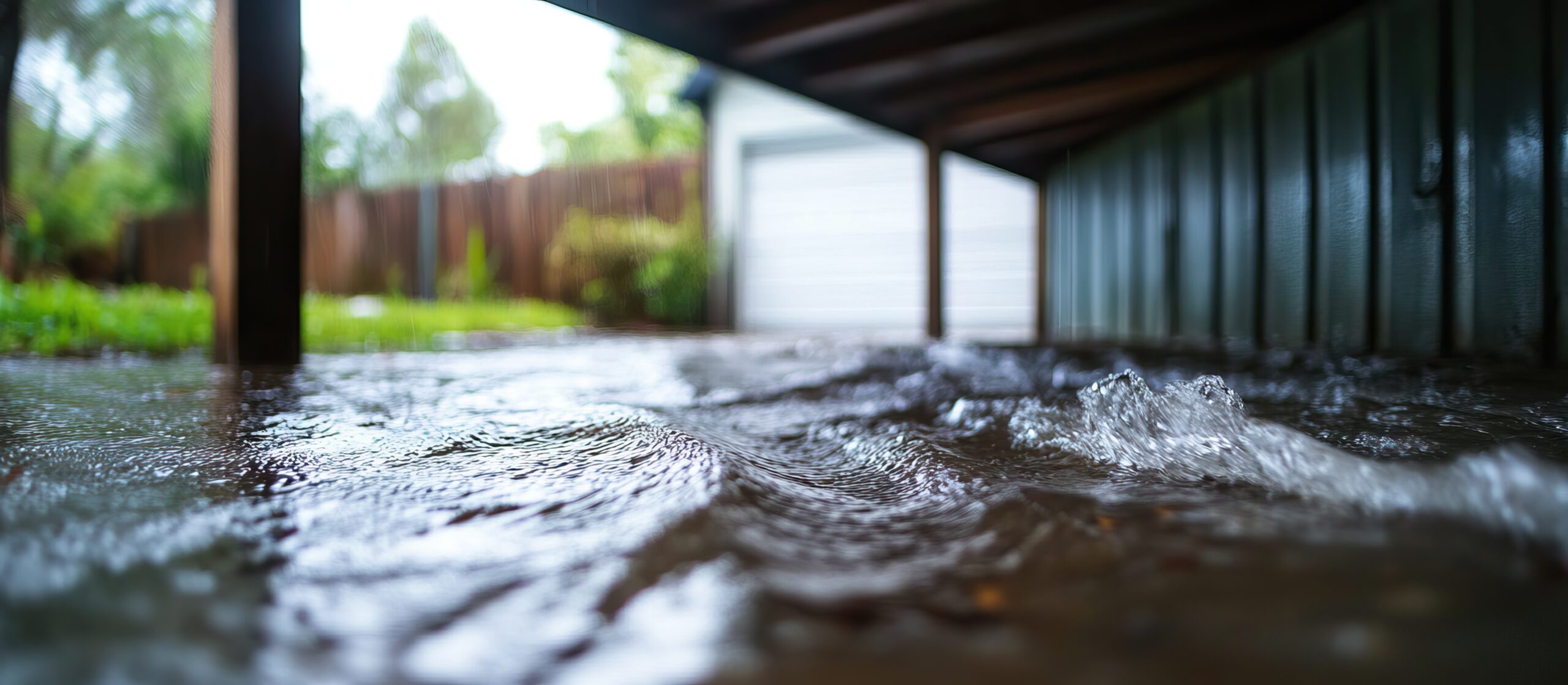 Photo of the underneath of a house porch, where standing water has gathered.