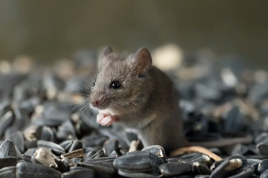 closeup of a young wild mouse sitting on pile of sunflower seeds in a food retail warehouse