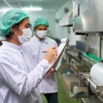 Two food service workers in PPE inspecting some equipment in a kitchen for training