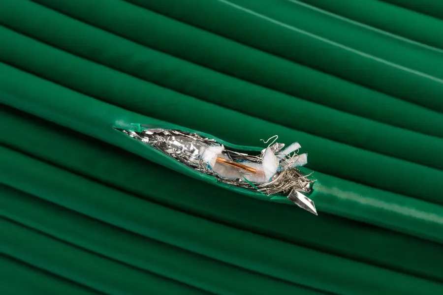 Close-up of a chewed green electrical cable with exposed inner wires, illustrating exactly why mice are dangerous in a home.