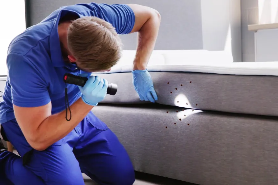 A pest control professional in a blue uniform using a flashlight to uncover live bed bugs hiding in a grey mattress seam.