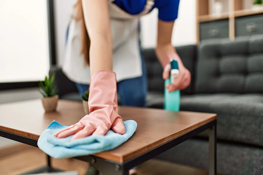 A person wearing protective pink rubber gloves wiping down a wooden coffee table with a cloth and cleaning spray, demonstrating how to clean up after rodents safely.