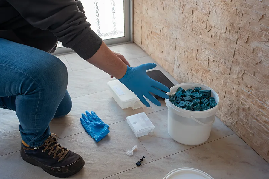 A pest control worker wearing gloves prepares bait stations and toxic blocks on a tile floor, showing practical steps for how to get rid of rats.