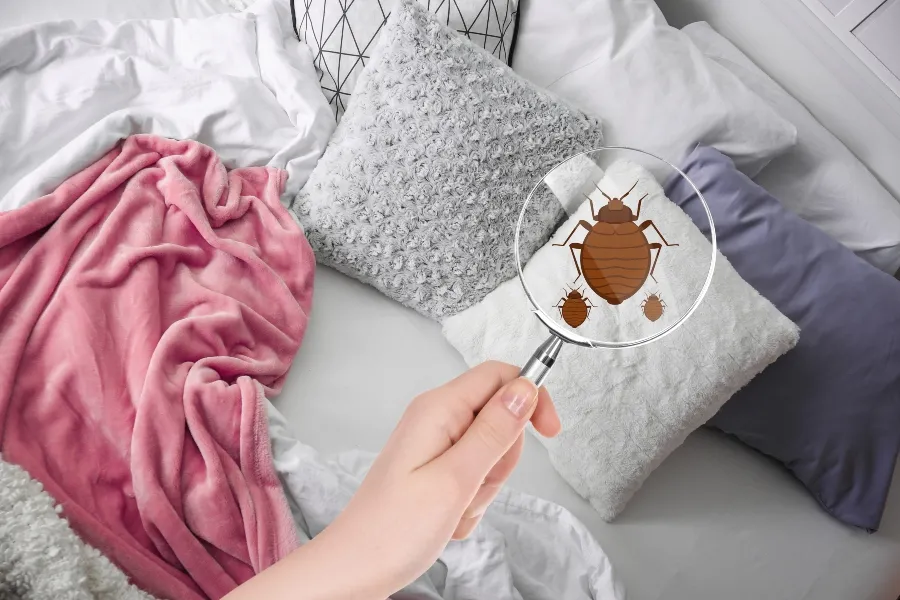 A magnifying glass held over a bed revealing an illustration of adult and nymph bed bugs to show what to look for.