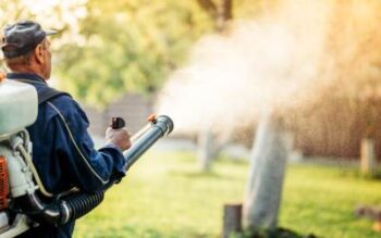 A worker spraying for mosquitoes for mosquito prevention services.
