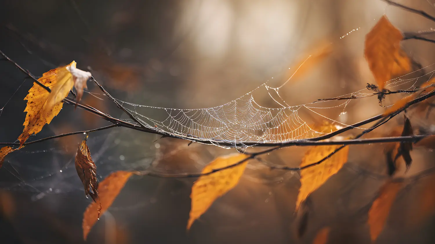 A spiderweb in a tree with orange leaves in the Autumn.
