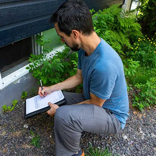 Technician inspecting basement window of a house