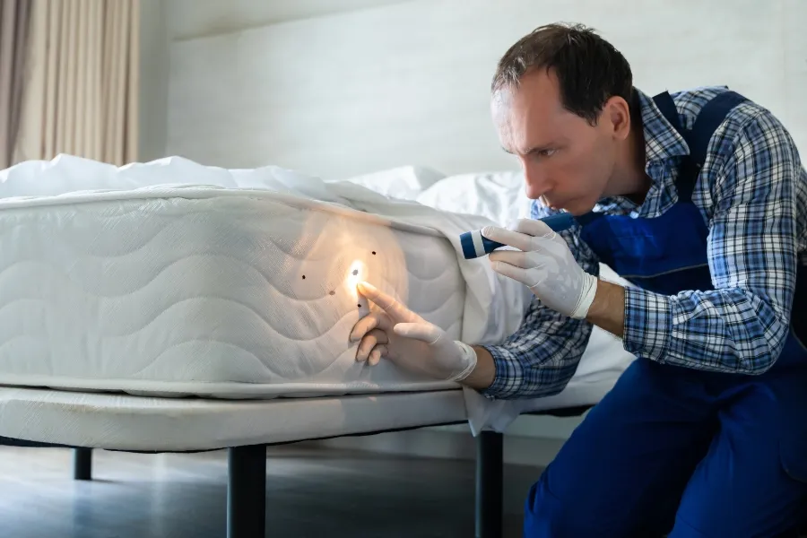 An exterminator wearing gloves uses a flashlight to inspect a white mattress, revealing dark bed bug droppings along the seams.