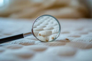 A magnifying glass held up to a cluster of bed bugs on a mattress