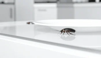 A cockroach on a spotless clean white countertop.