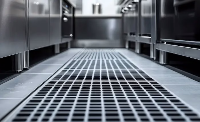 Grated drain in a commercial kitchen
