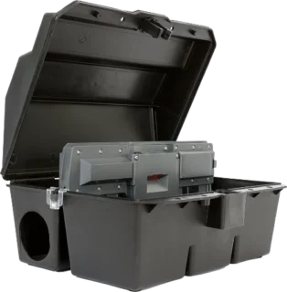 Close up of a Dual Autogate rodent station with the lid open.