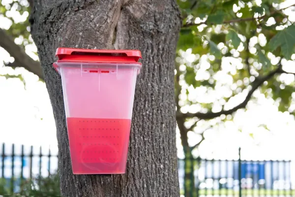 An EcoCatch Flies box hanging from a tree in a North Carolina business park. EcoCatch Flies requires no electricity and features a secure, weather-resistant design.