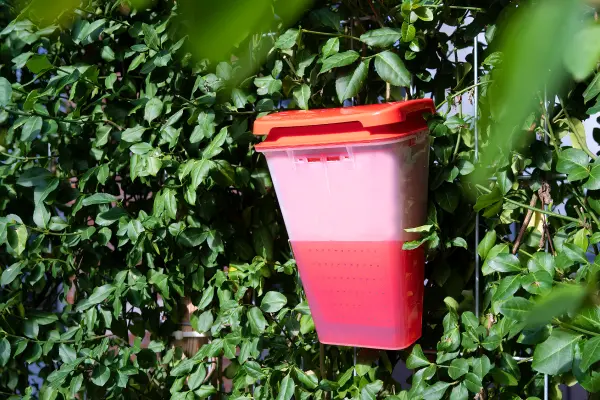 An EcoCatch Flies trap hanging from a fence in an outdoor North Carolina business park. The EcoCatch Flies lures flies inside its weather-resistant shell where, once inside, they cannot escape.