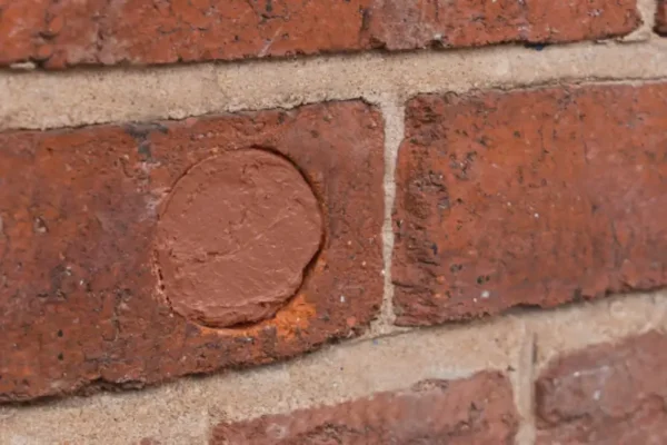 A hole in a brick wall that has been filled in by Flexi Armour specialized caulking