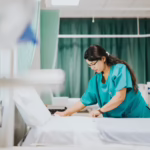 A nurse makes up a pest-free hospital bed