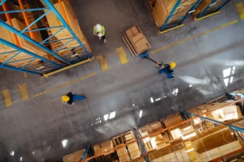 Aerial view of warehouse floor as facility workers transport products. Bug Out uses integrated pest management techniques for an eco-friendly approach to pest control.